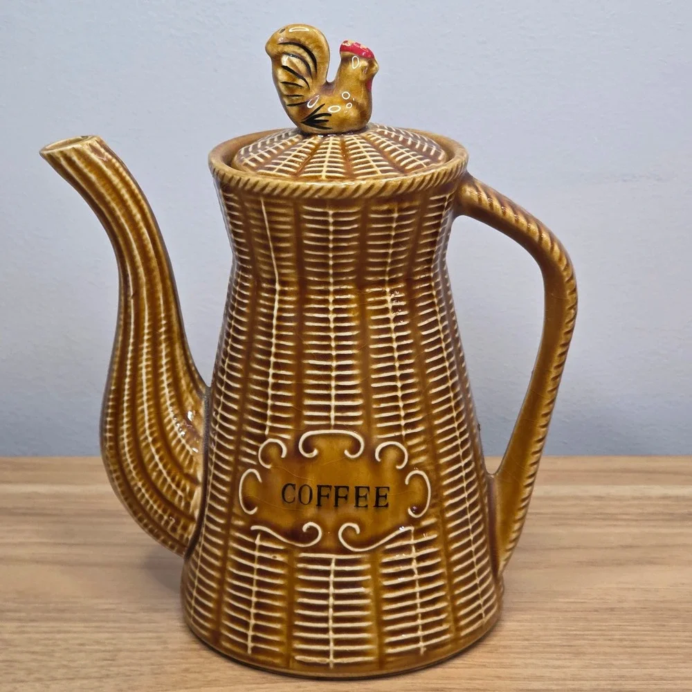 Vintage 1950s Rooster Coffee Tea‎ Pot Basket Weave Wicker Japan Brown Ceramic